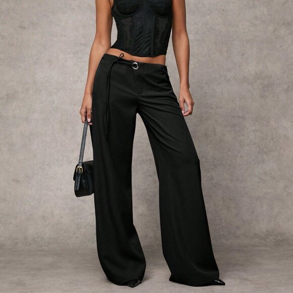 Pants - Black Casual Women's Wide-Leg Trousers